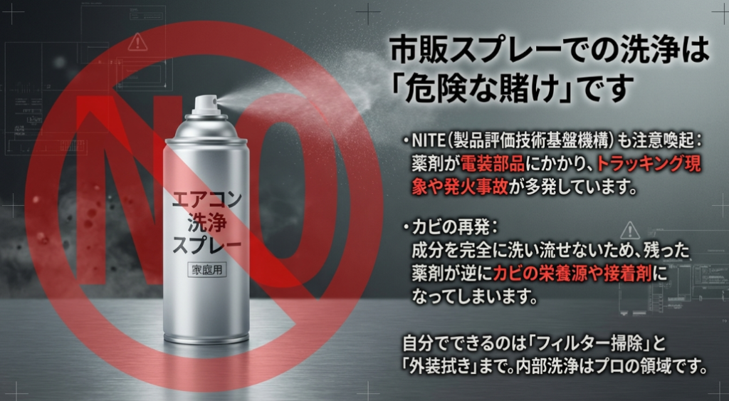 市販スプレーによる不適切な洗浄が招く発火事故とカビ再発のリスク