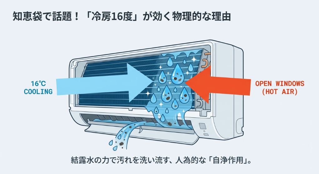 窓を開けた状態での16度冷房運転により、大量の結露水でエアコン内部の汚れを洗い流す物理的理由のイラスト