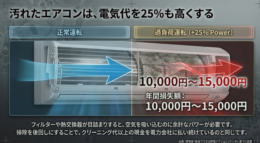 エアコンの汚れにより電気代が25パーセント増加し年間1万円以上の損失が出る試算