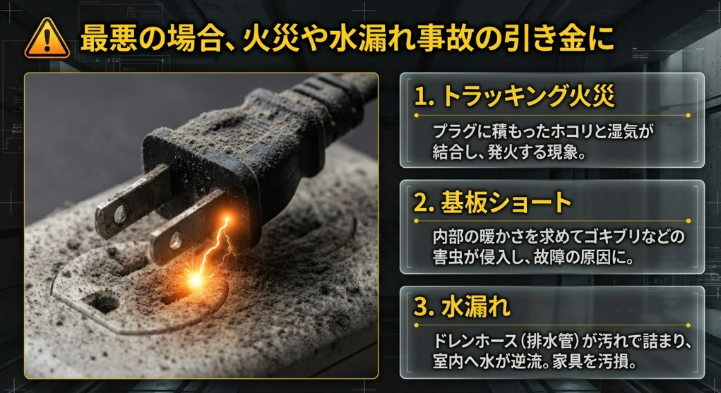 トラッキング火災、基板ショート、水漏れなどエアコン未清掃が招く事故のまとめ