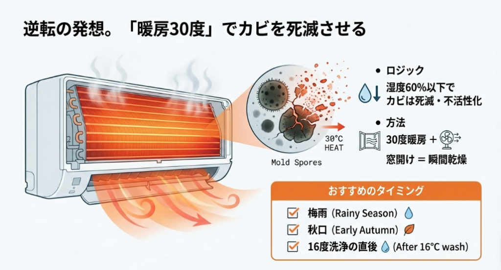 湿度60%以下でカビを死滅させるため、30度暖房と窓開けを組み合わせてエアコン内部を乾燥させる方法の解説