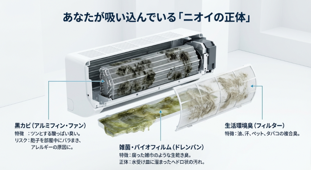 黒カビ、雑菌、バイオフィルム、生活環境臭などエアコン内部に潜む臭いの原因物質の解説画像