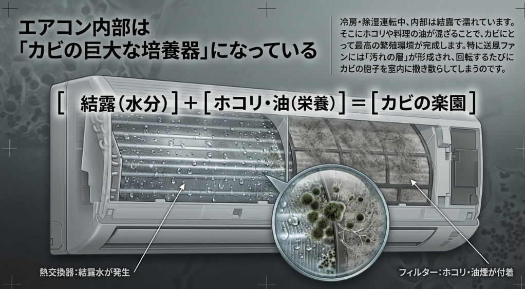 エアコン内部で結露とホコリが混ざりカビの楽園ができる仕組み
