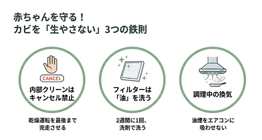 内部クリーンの中断禁止、フィルターの油洗い、調理中の換気というカビを生やさないための予防策