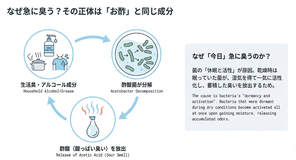 生活臭やアルコール成分を酢酸菌が分解し、休眠していた菌が湿気で活性化して酸っぱい臭いを出す仕組みの図解
