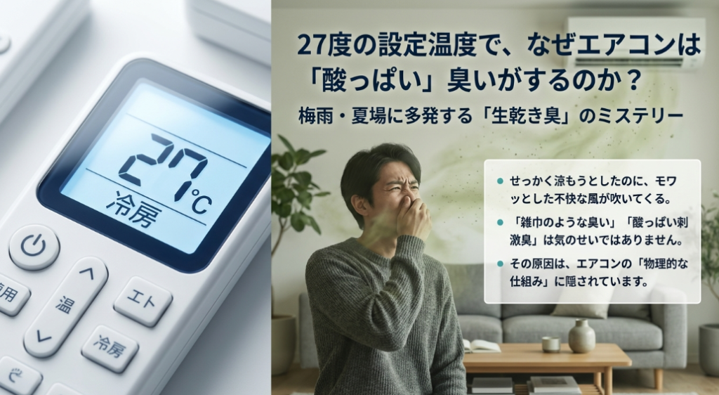 27度の設定温度でエアコンから酸っぱい臭いや生乾き臭がする原因を解説するアイキャッチ画像