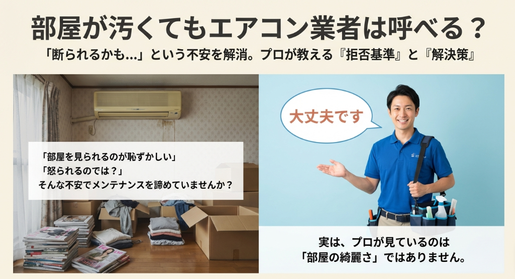 散らかった部屋のエアコンと「部屋を見られるのが恥ずかしい」という悩みのテキスト