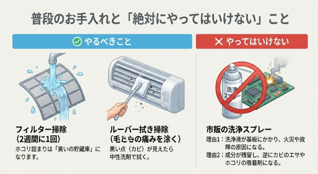 フィルターやルーバーの掃除方法と、故障や火災の原因になる市販洗浄スプレーの使用禁止を伝える解説図