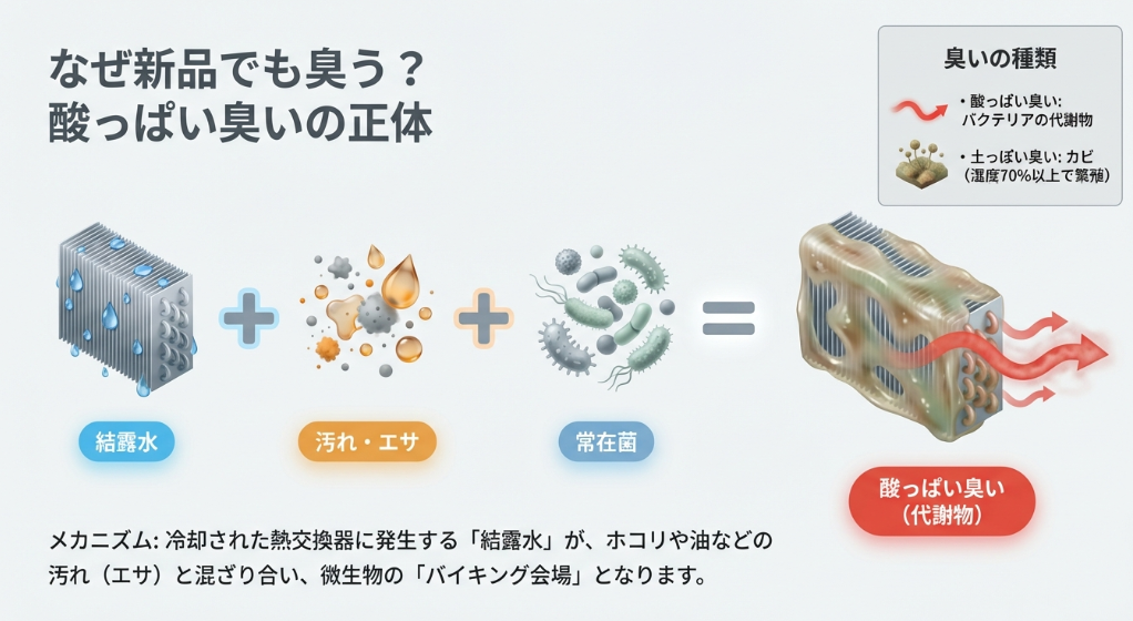 結露水、汚れ・エサ、常在菌が混ざり合って酸っぱい臭いやカビが発生する仕組みを解説した図