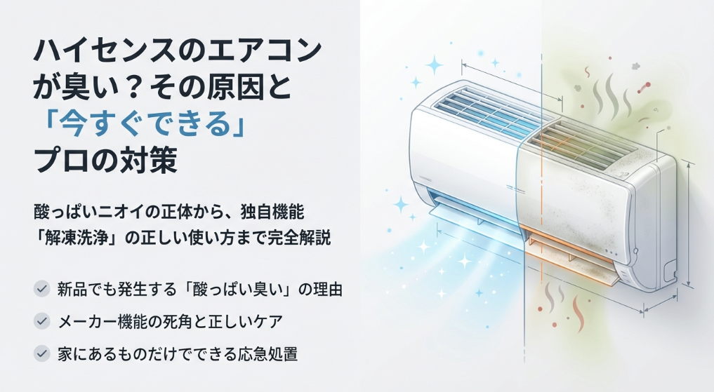 ハイセンスのエアコンが臭い原因とプロの対策、独自機能の解説をまとめたアイキャッチ画像