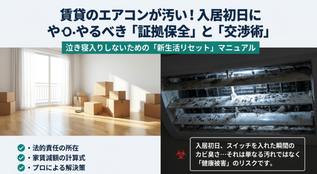 賃貸のエアコンが汚い時の証拠保全と交渉術を解説するスライドの表紙。新生活をリセットするためのマニュアルというキャッチコピー