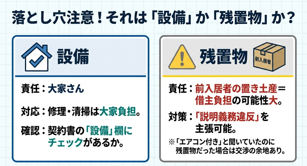 設備（大家責任）と残置物（借主負担の可能性）の違いを比較。残置物であっても説明義務違反を主張できる可能性について言及。