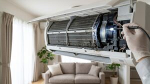 日本人のエアコン掃除業者が、市販のスプレーやエアダスターで故障するリスクのある、ホコリやカビで汚れたエアコン内部の複雑な構造（熱交換器、ファン）を専門的なカメラで点検している様子。