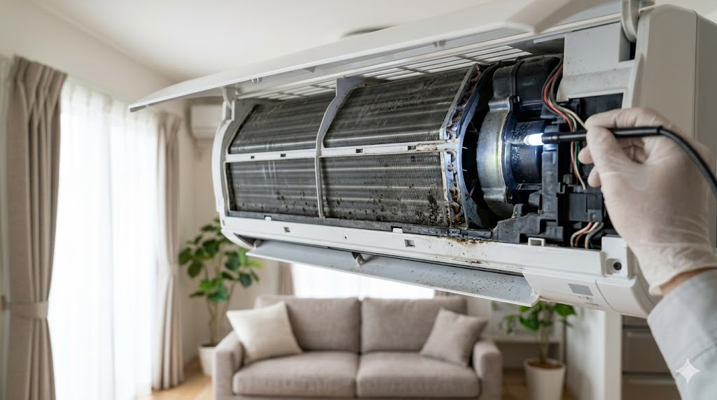 日本人のエアコン掃除業者が、市販のスプレーやエアダスターで故障するリスクのある、ホコリやカビで汚れたエアコン内部の複雑な構造（熱交換器、ファン）を専門的なカメラで点検している様子。