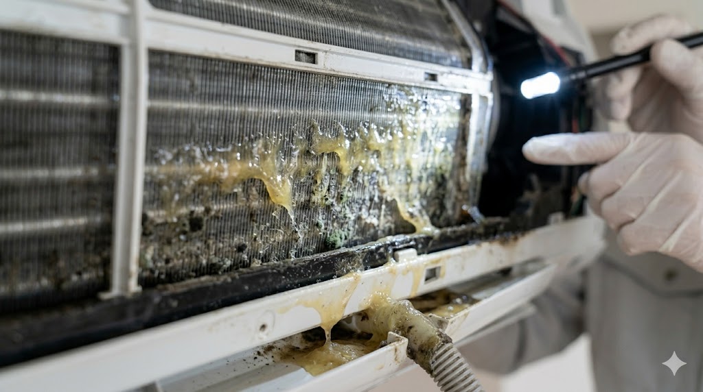 市販のエアコンスプレー使用後、すすぎ不足で残留したベタベタした洗浄液の成分がホコリを吸着し、黒いカビが爆発的に増殖しているエアコン内部のアルミフィン。