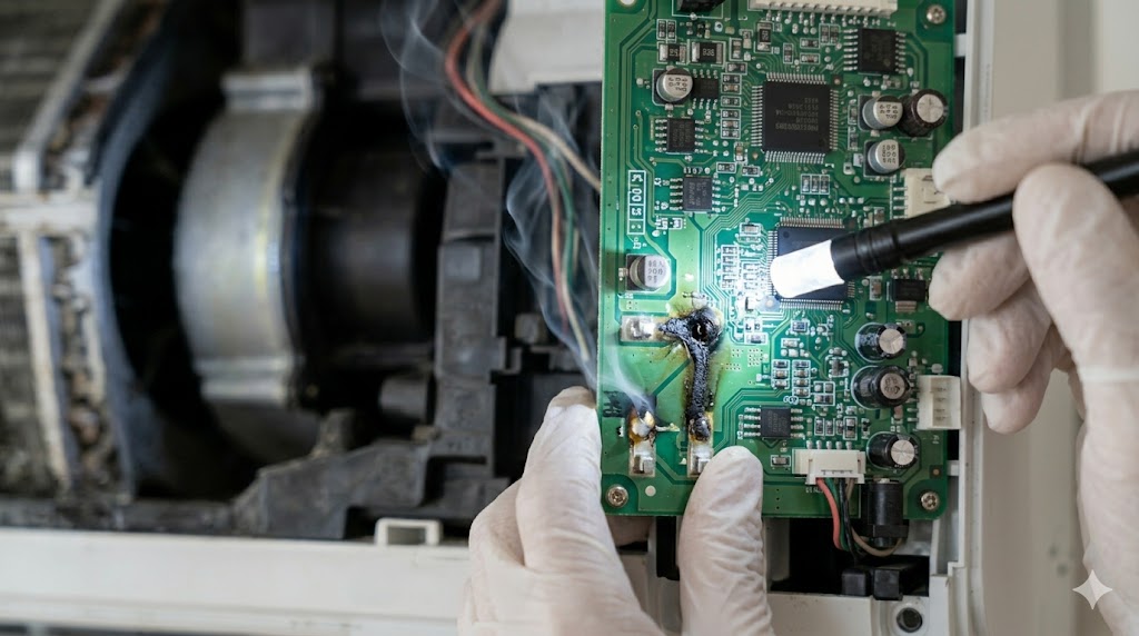 エアコンの室内機右側にある電装基板に市販スプレーの洗浄液が浸入し、トラッキング現象によって回路が炭化・発火しかけている様子。