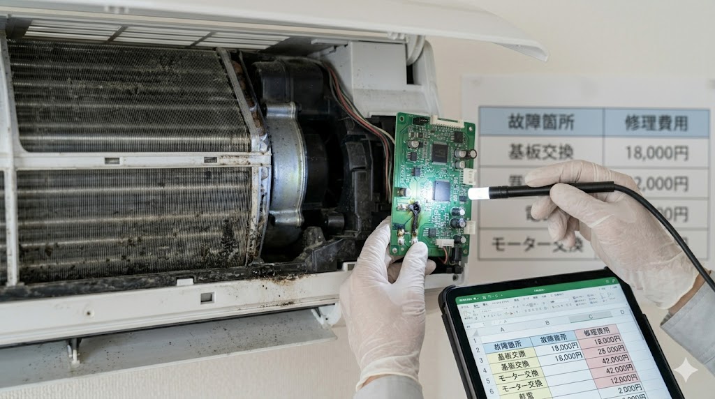 日本人のエアコン修理技術者が、自分で掃除して壊れたエアコンの電装基板（焦げ跡あり）を点検しており、その横に修理費用の内訳表（基板交換、ファンモーター交換など）が示されている。