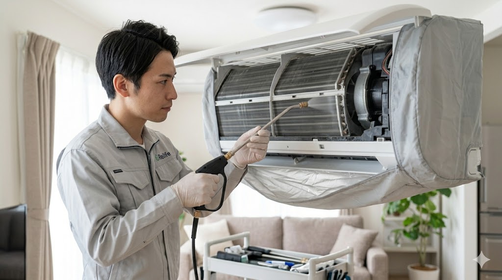 日本人のエアコンクリーニング業者が、養生されたエアコン室内機のアルミフィン（熱交換器）に高圧洗浄機のノズルを向け、汚れをスピーディーかつ確実に洗い流している様子。