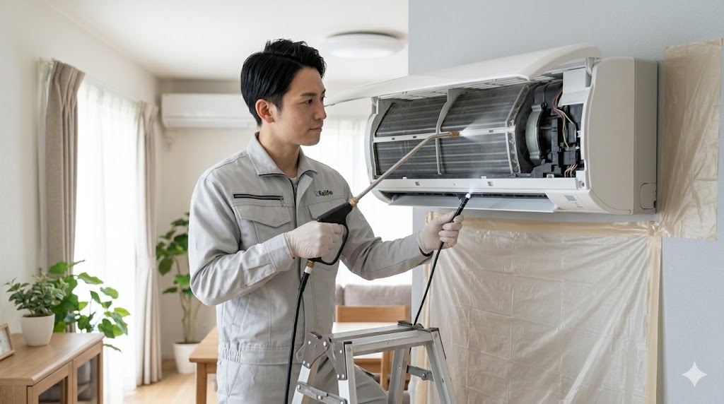 日本人のエアコンクリーニング業者が、ドレンパンの取り外しなど過度な分解を避けつつ、高圧洗浄機を用いてアルミフィン（熱交換器）の奥まで丁寧に汚れを落としている様子。