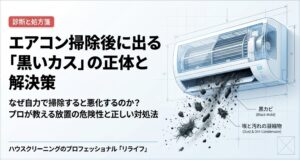 エアコンの吹き出し口から黒カビや埃の凝縮物（黒いカス）が排出されている様子と、その解決策を示すタイトルスライド