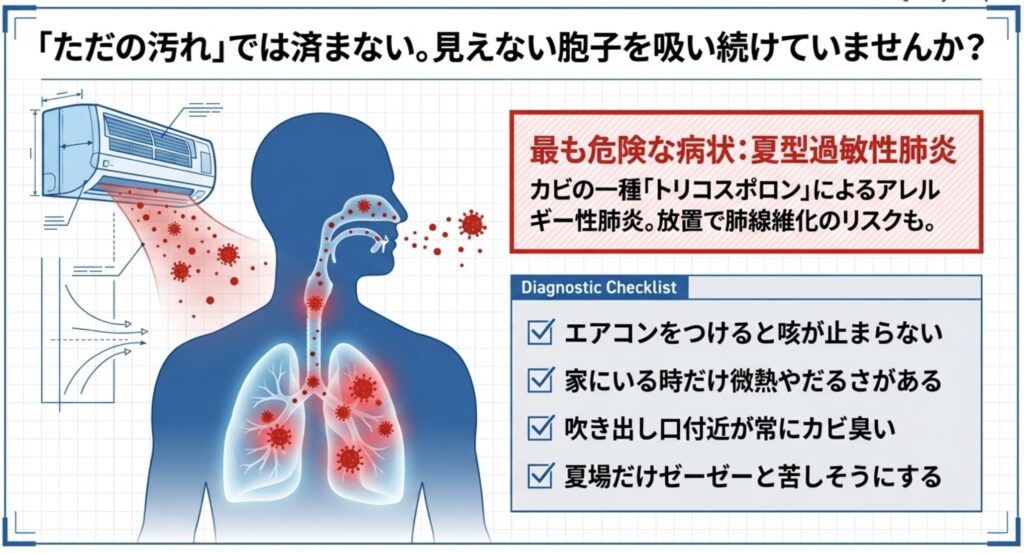 夏型過敏性肺炎の原因菌トリコスポロンと、咳やだるさなどの体調不良を確認する診断チェックリスト