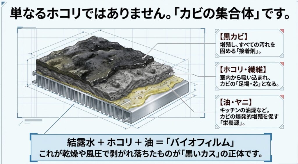 黒カビが接着剤となり、ホコリや油分を固めて形成される「バイオフィルム」の断面図