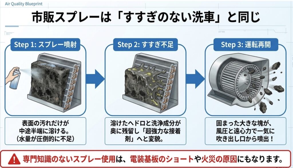 スプレー噴射で溶けた汚れが奥で残留し、強力な接着剤となって大きな塊で噴出するまでの3ステップ解説図