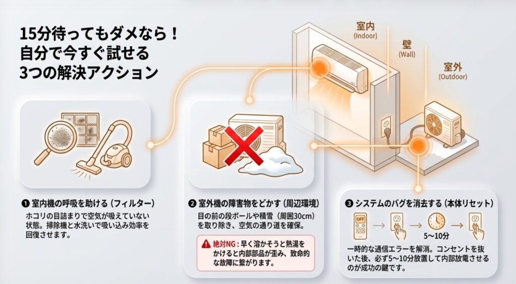 室内機のフィルター掃除、室外機周辺の障害物・積雪の除去、コンセントを抜いて行う本体リセットの手順
