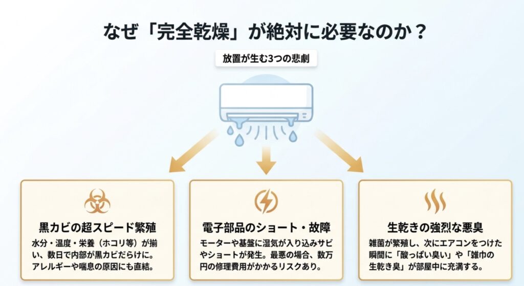 エアコン内部の乾燥を怠ることで発生する3つの悲劇（黒カビの超スピード繁殖、電子部品のショート・故障、生乾きの強烈な悪臭）の解説スライド