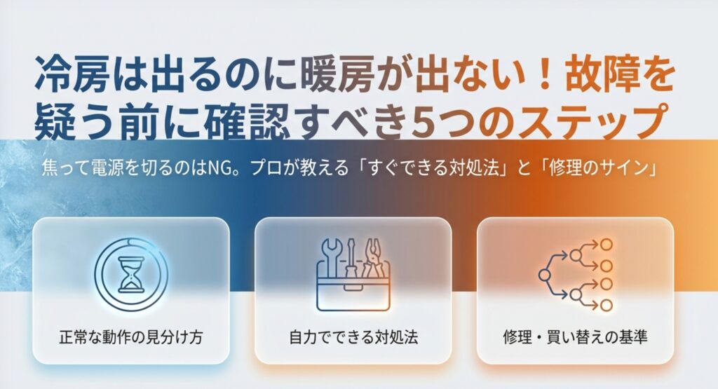 エアコンの冷房は出るのに暖房が出ないときの対処法と修理サインを解説するアイキャッチ画像