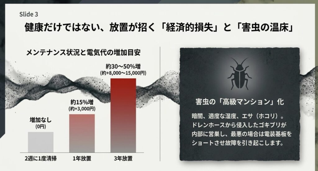 2週に1度の清掃、1年放置（約15%増）、3年放置（約30%から50%増）の電気代増加比較グラフと、ドレンホースからのゴキブリ侵入による故障リスク。