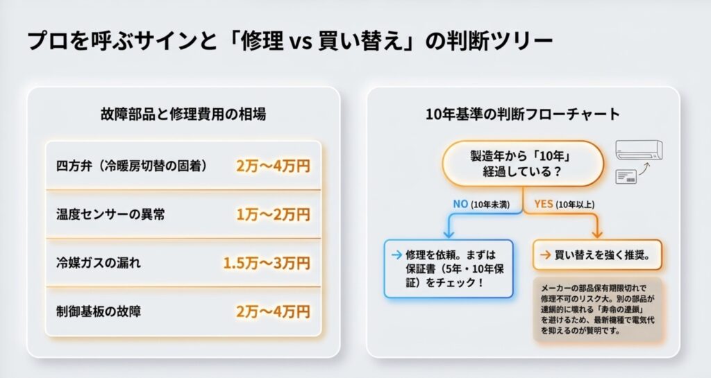製造年から10年を基準とした修理か買い替えかの判断フローチャートと、四方弁や制御基板などの故障部品別修理費用相場