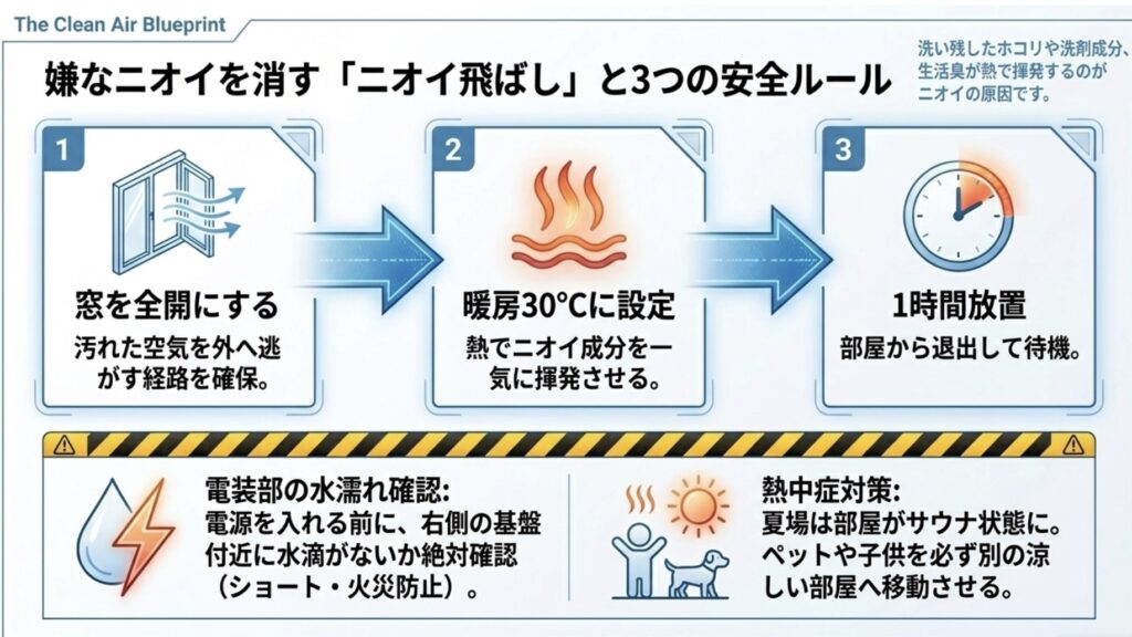市販スプレーによる自己流エアコン掃除に潜む2つの重大リスクの解説。1つ目は汚れと洗剤の残留によるカビ悪化、2つ目は洗剤が基盤に飛び散ることによる電装部のショート・発火リスクの構造図。