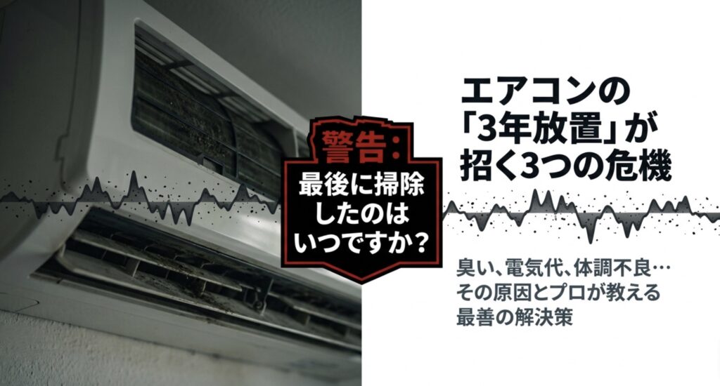 エアコンを3年掃除していないとどうなる？放置が招く3つの危機（臭い・電気代・体調不良）の原因と最善の解決策を解説するプロ監修資料の表紙。