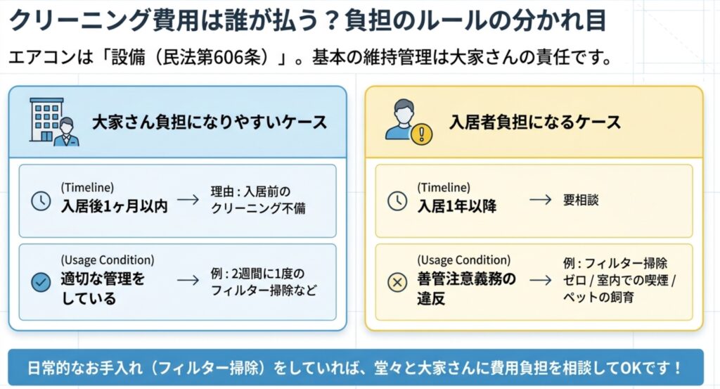 賃貸エアコンのクリーニング費用が大家さん負担になるケース（入居後1ヶ月以内、適切な管理）と入居者負担になるケース（善管注意義務違反、喫煙、ペット）の分かれ目を示したタイムライン図