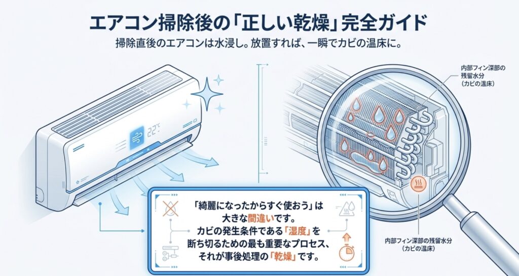 エアコン掃除後の正しい乾燥完全ガイド。掃除直後の水浸しなエアコン内部フィン深部に残留した水分がカビの温床になることを示すイラストと、事後処理としての乾燥の重要性の解説。
