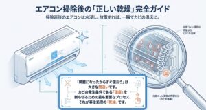 エアコン掃除後の正しい乾燥完全ガイド。掃除直後の水浸しなエアコン内部フィン深部に残留した水分がカビの温床になることを示すイラストと、事後処理としての乾燥の重要性の解説。