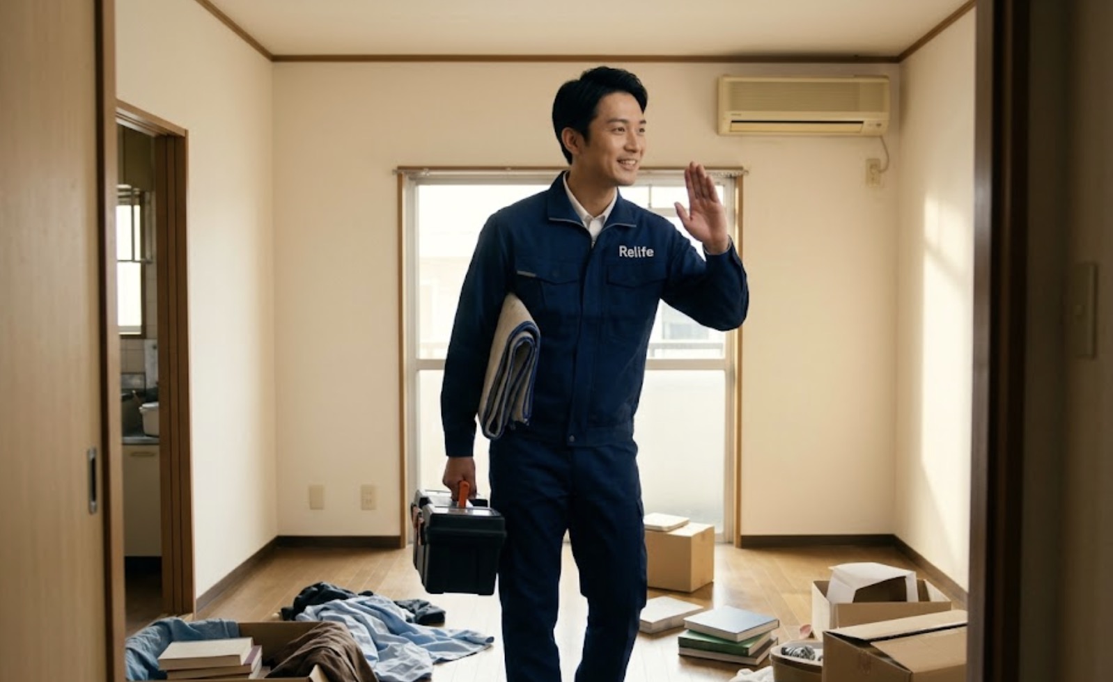 散らかった日本のアパートの部屋に笑顔で入る、リライフの制服を着た日本人エアコンクリーニング技術者。業者が部屋の汚れを気にせず作業に集中する様子。