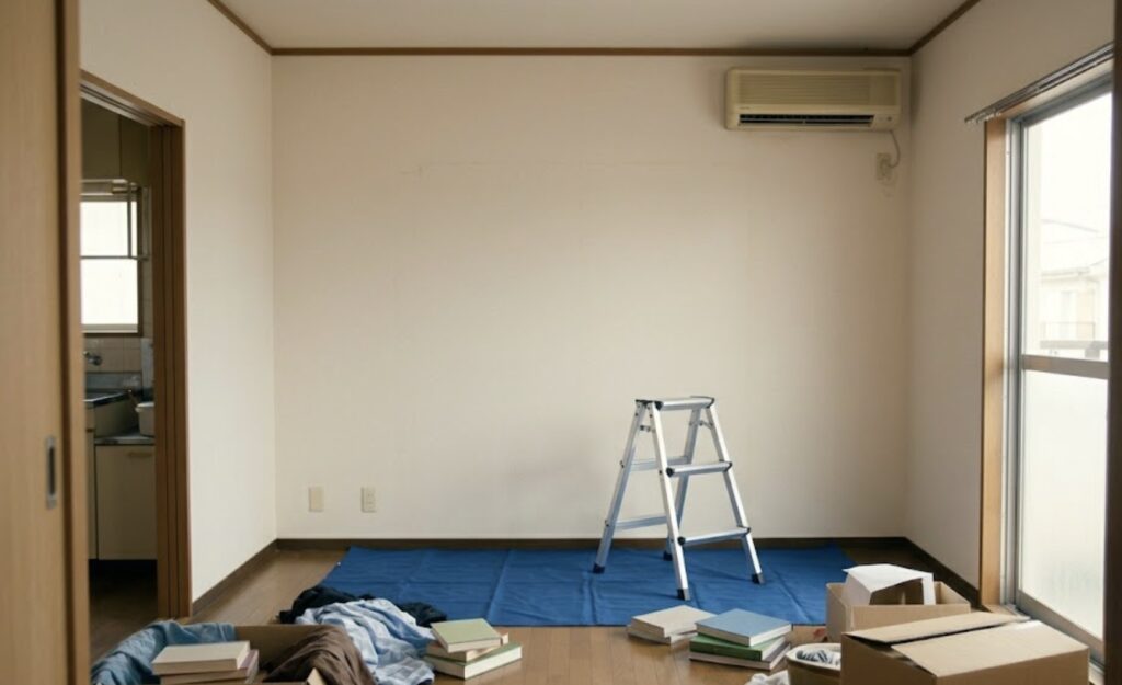 日本のアパートの居間で、壁掛けエアコンの真下の床だけが片付けられ、青い養生シートと脚立が置かれた状態。周囲には生活用品が残るが、作業スペースは確保されている。