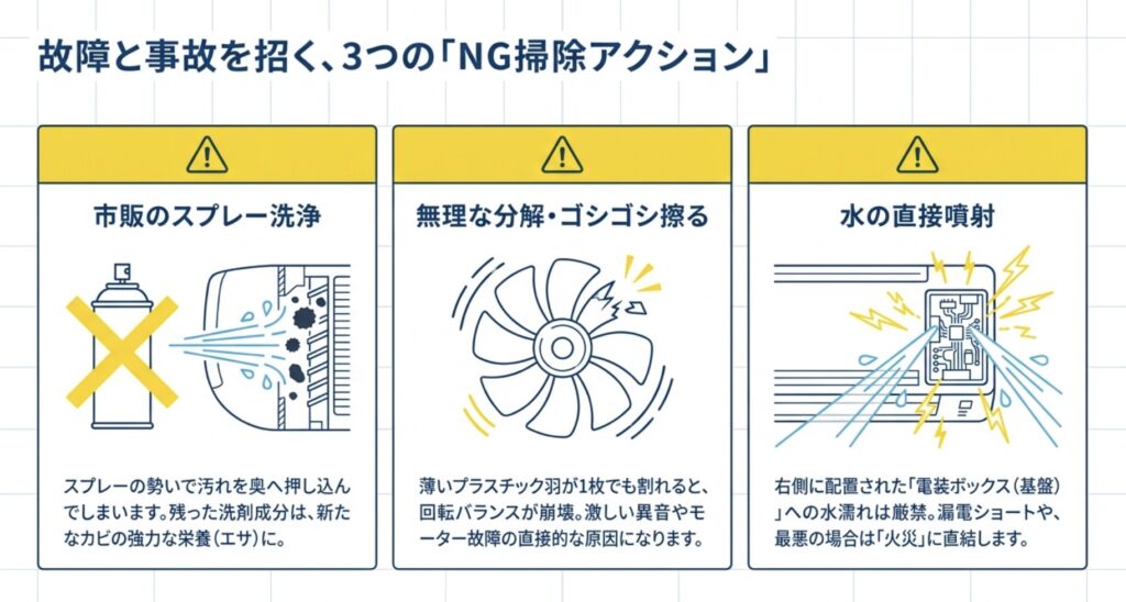 市販スプレーの使用、無理な分解、電装部への水噴射など、エアコン故障や火災を招く3つのNG掃除アクションを説明したスライド資料