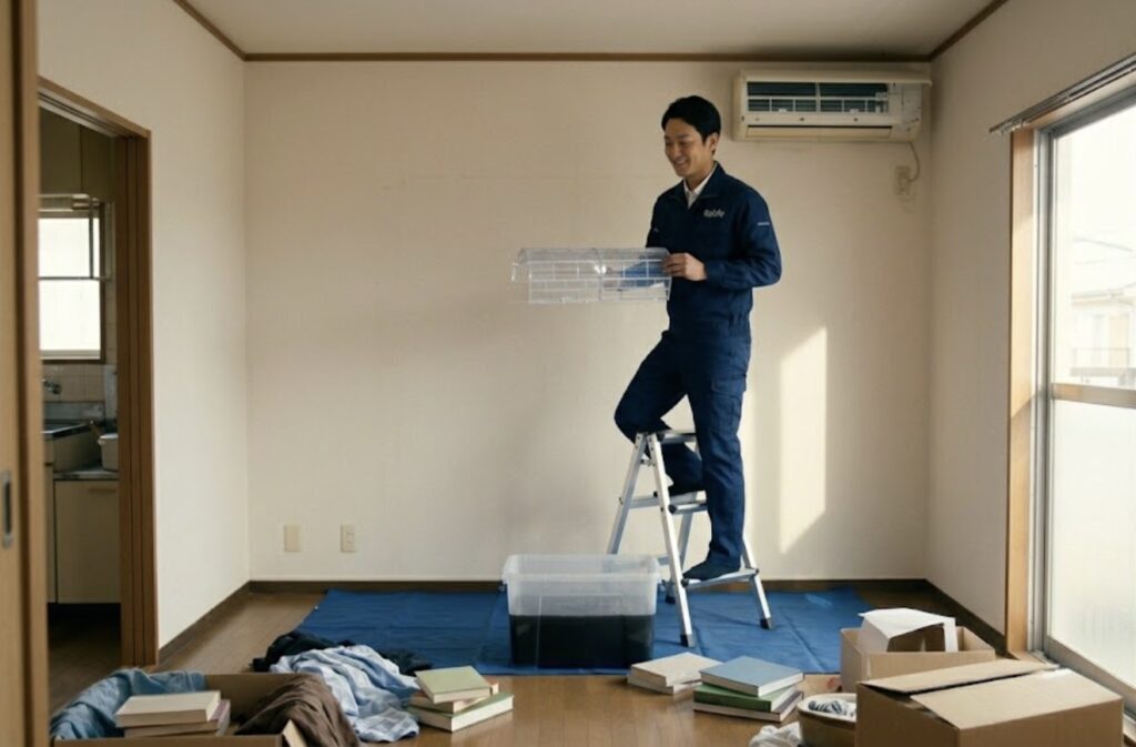 日本のアパートの一室で、クリーニングが完了し、ピカピカになったエアコンの下で、リライフの日本人技術者が真っ黒に汚れた洗浄水の入ったバケツを示し、満足げに微笑んでいる。周囲の部屋は散らかったままだが、エアコンは清潔。