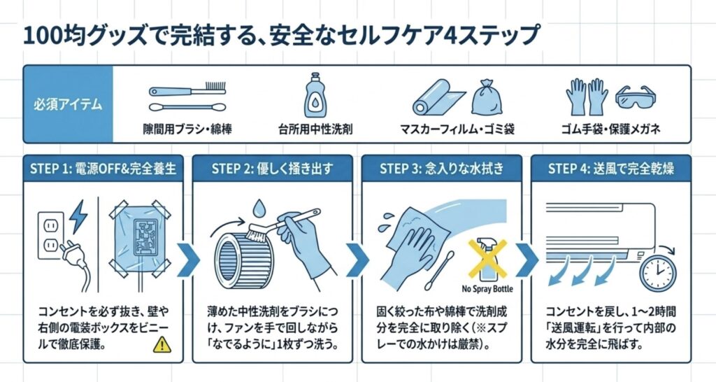 100均の隙間ブラシや中性洗剤を使い、養生から洗剤拭き、水拭き、送風乾燥まで安全にエアコンを掃除する4つのステップを解説したスライド資料
