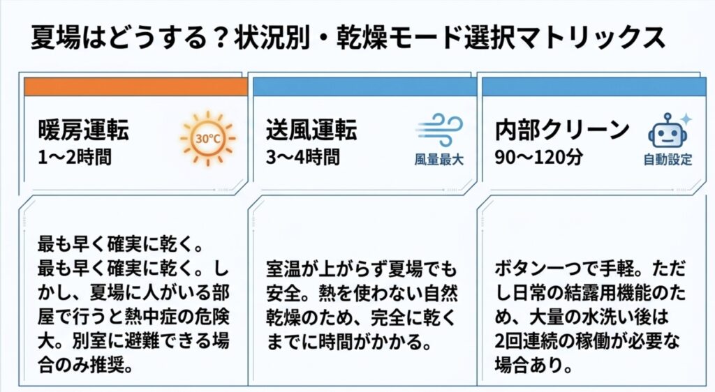 夏場のエアコン状況別・乾燥モード選択マトリックスの表。暖房運転(30度・1〜2時間)、送風運転(風量最大・3〜4時間)、内部クリーン(自動設定・90〜120分)それぞれの特徴とメリット・デメリットの比較。
