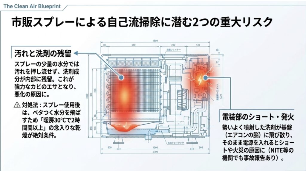 エアコン掃除後のニオイ飛ばしの3ステップ(1.窓を全開にする、2.暖房30度に設定、3.1時間放置し部屋から退出)と、電装部の水濡れ確認、夏場の熱中症対策という安全ルールの図解。