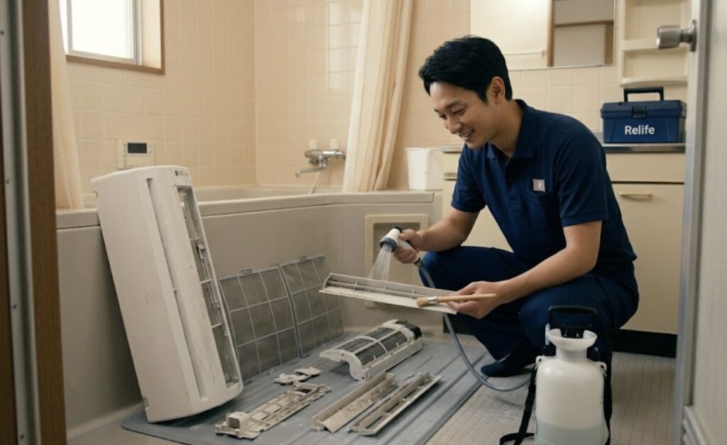 日本のアパートの浴室で、リライフの日本人技術者が、取り外したエアコンのプラスチックカバーやフィルターなどのパーツ類のみを丁寧に高圧洗浄している様子。