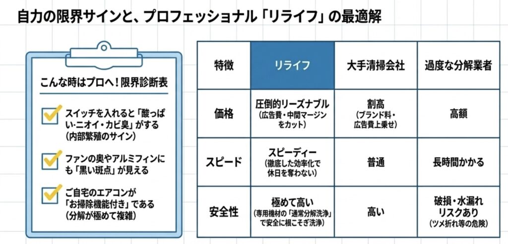 酸っぱいニオイや奥の黒い斑点などのプロ依頼の限界サインと、リライフ・ 大手会社・過度な分解業者の価格や安全性を比較したスライド資料