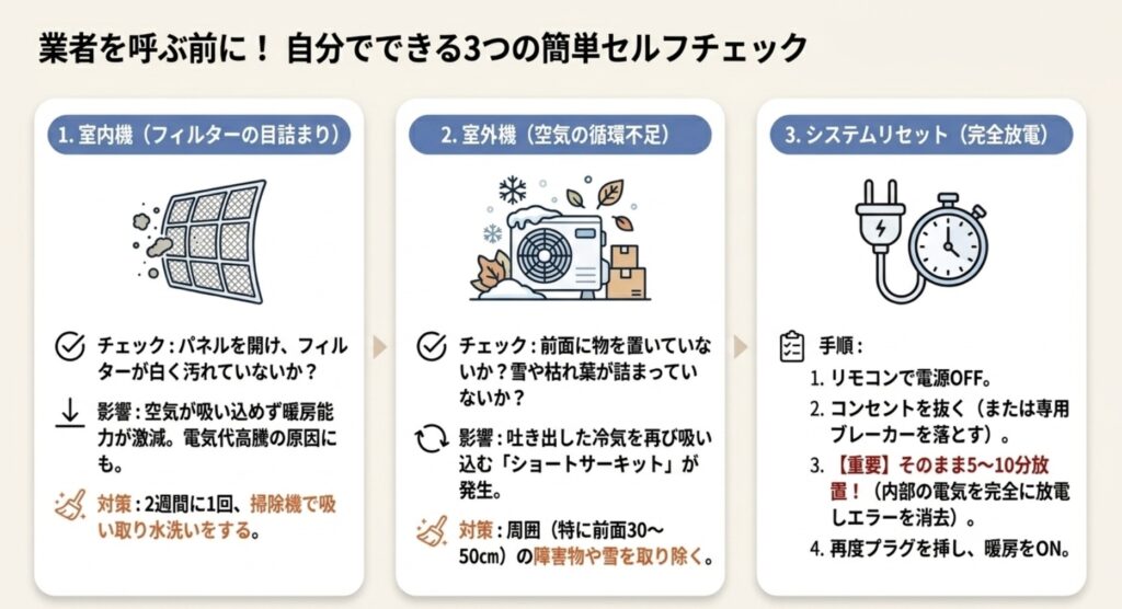 エアコンのフィルター目詰まり、室外機の空気循環不足、システムリセットの手順を解説するセルフチェックシート