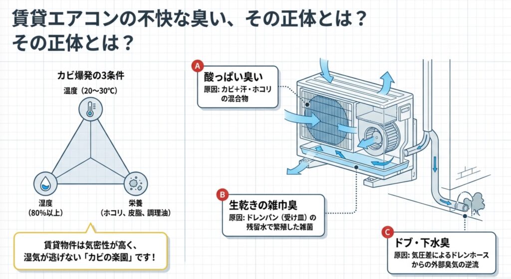賃貸エアコンの臭いの原因となるカビ爆発の3条件（温度・湿度・栄養）と、酸っぱい臭い、生乾きの雑巾臭、ドブ・下水臭の発生メカニズムを解説したイラスト図解