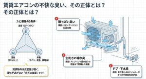 賃貸エアコンの臭いの原因となるカビ爆発の3条件（温度・湿度・栄養）と、酸っぱい臭い、生乾きの雑巾臭、ドブ・下水臭の発生メカニズムを解説したイラスト図解