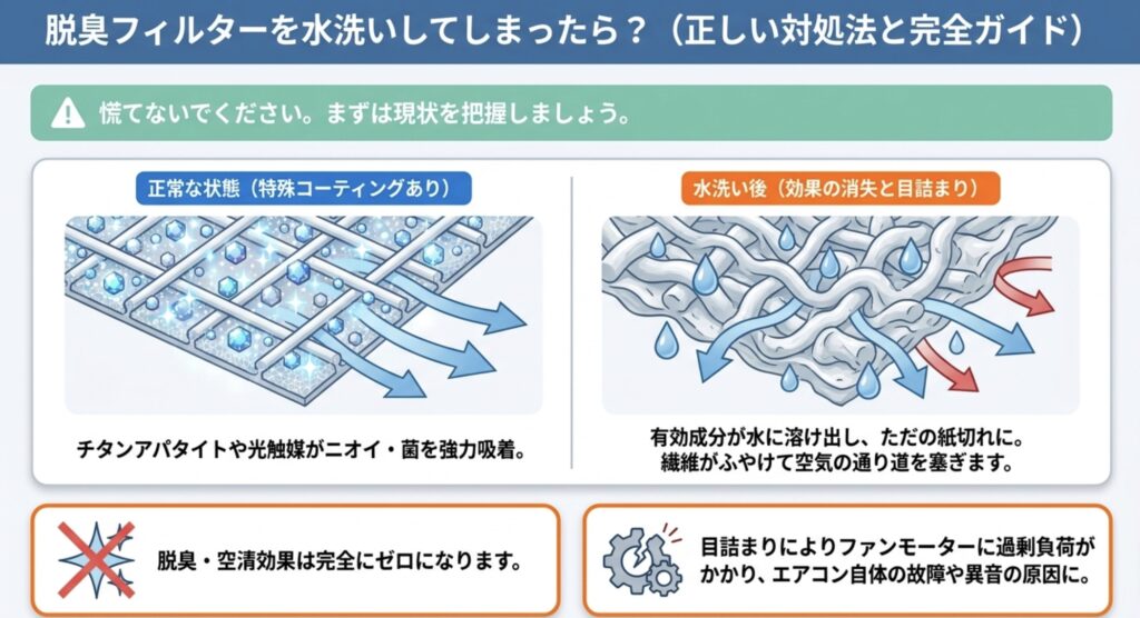 ダイキンエアコンの脱臭フィルターが水洗いによって特殊コーティングを消失し、繊維が目詰まりを起こす仕組みの解説スライド